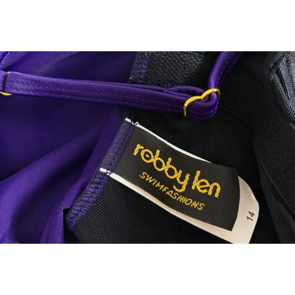 NWT Longitude Robby Len Size 14 Purple Ruffle One Piece Swimsuit Tummy Control